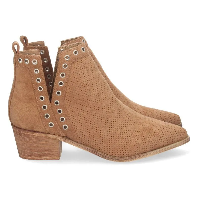 Botines con tachuelas mujer camel tacón ancho abiertos