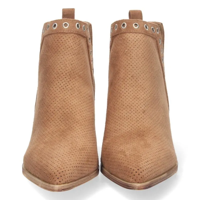 Botines con tachuelas mujer camel tacón ancho abiertos